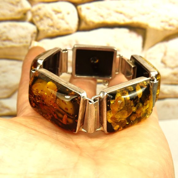 AMBER and 925 SILVER HEAVY LINK BRACELET 8 inch, Chunky BRACELET, UNISEX GIFT - Picture 10 of 10